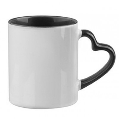 500604- WHITE/BLACK SUBLIMATION BLANK CERAMIC COFFEE MUG WITH HEART HANBNDLE